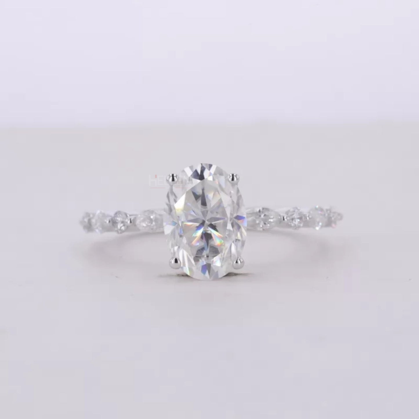 Oval Cut Solitaire with Marquise & Round Moissanite Hidden Halo Ring