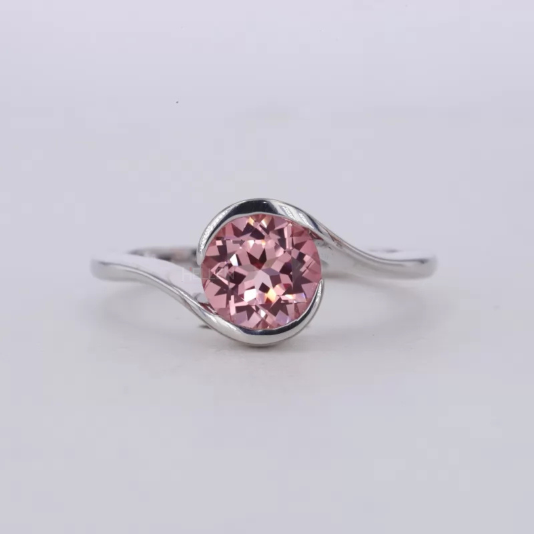 Unique Twisted Setting Round Cut Solitaire Pink Sapphire Ring