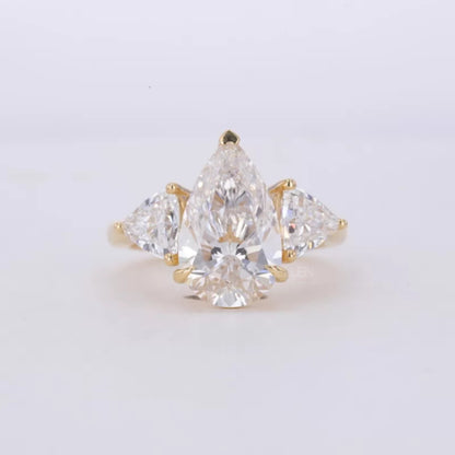 Three Stone Pear Cut Moissanite Ring Trillion Side Stone