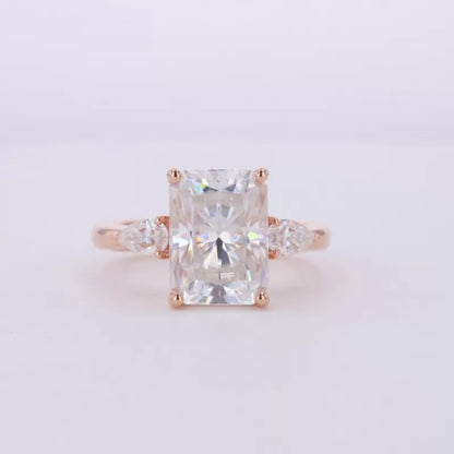 3 Stone Pear and Radiant Cut Moissanite Ring Pear Cut Side Stone - 925 Silver