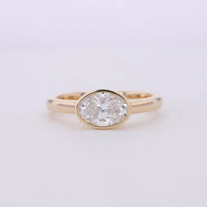 East to West Oval Cut Moissanite Solitaire Engagement Ring – Bezel