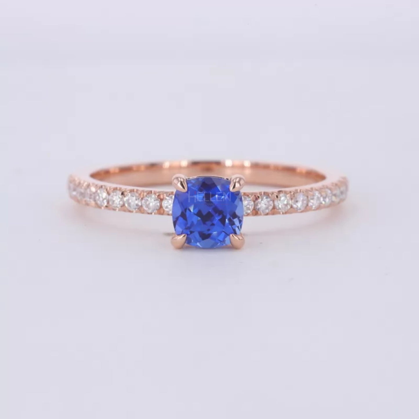 Cushion Cut Blue Sapphire Solitaire & Round Moissanite Ring
