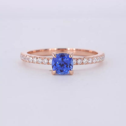 Cushion Cut Blue Sapphire Solitaire & Round Moissanite Ring