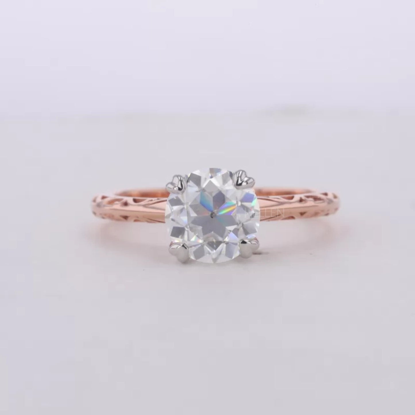Old European Cut Moissanite with Heart Prongs Solitaire Ring