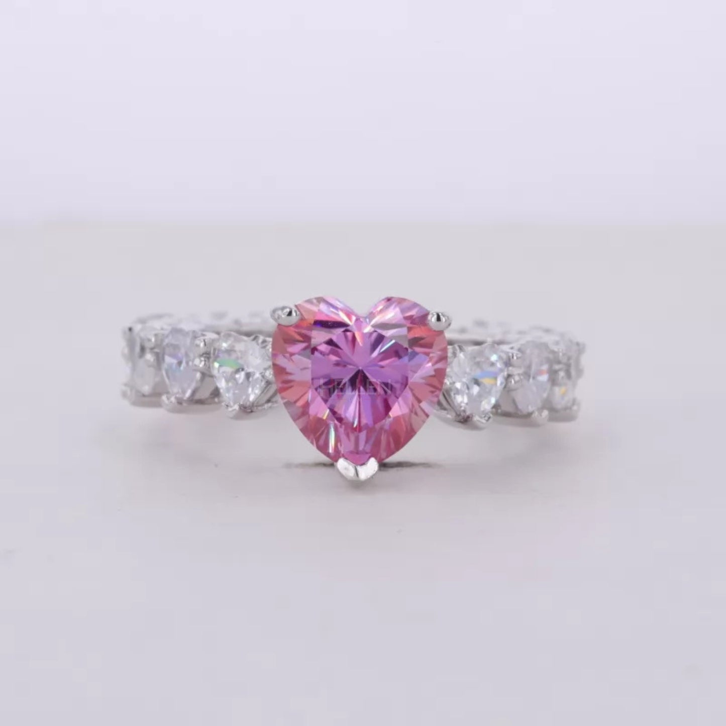 Pink Sapphire Heart Cut Solitaire & Moissanite Heart Shank Ring