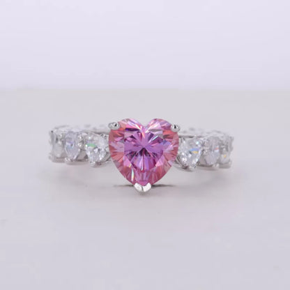 Pink Sapphire Heart Cut Solitaire & Moissanite Heart Shank Ring
