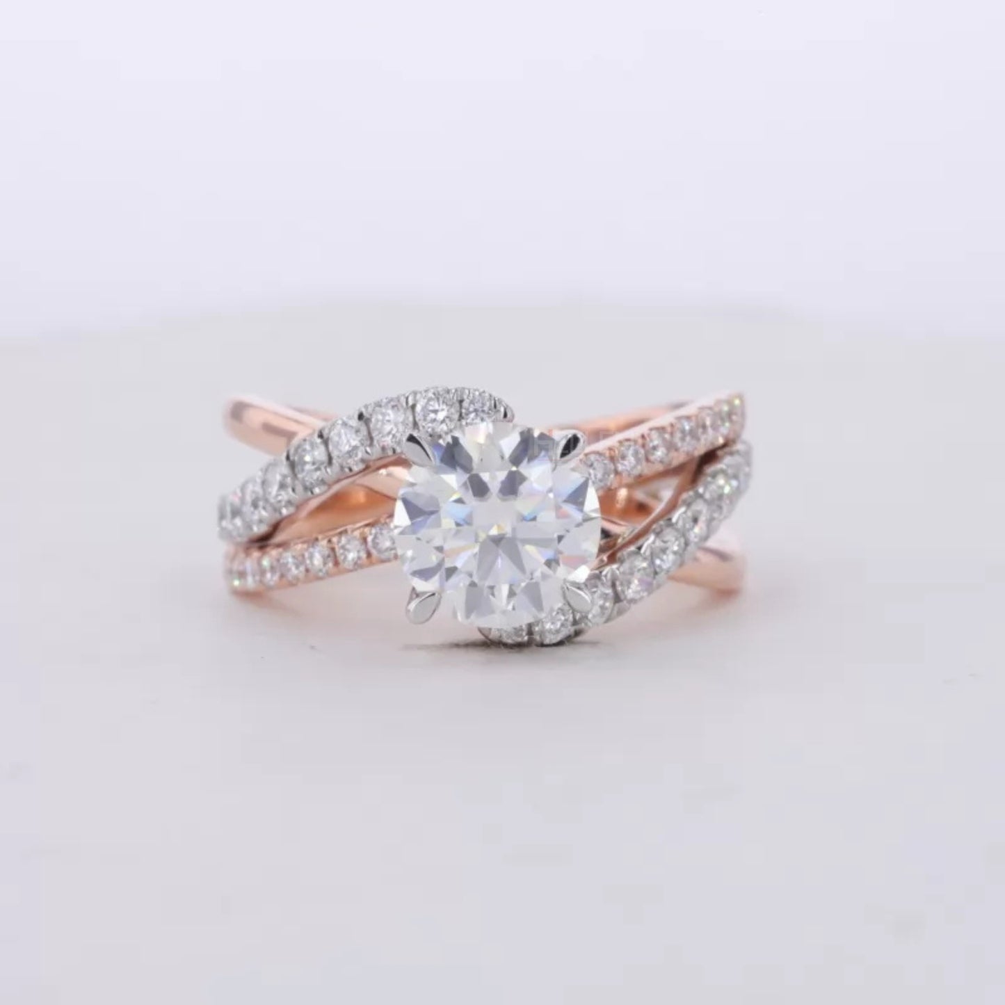 Round Cut Moissanite Solitaire Ring with Diamonds on Split Shank