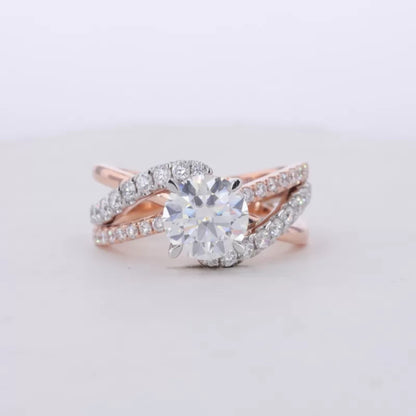 Round Cut Moissanite Solitaire Ring with Diamonds on Split Shank