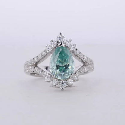 Blue-Green Pear & Round Moissanite Split Shank Engagement Ring