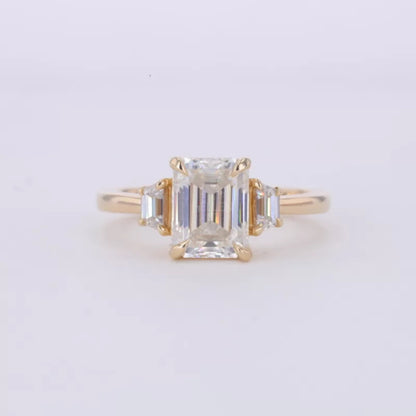 Three Stone Emerald Cut Moissanite Engagement Ring