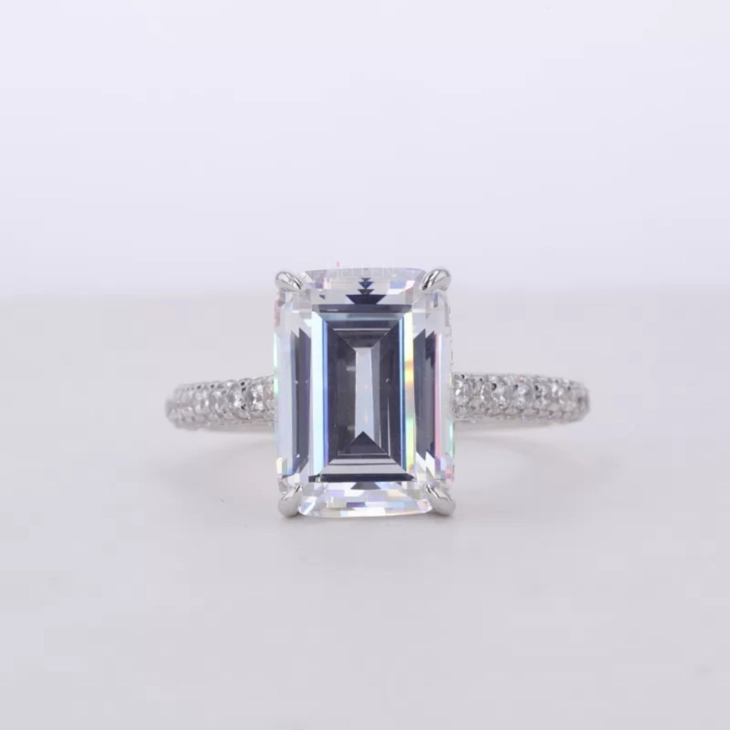 Emerald Cut Solitaire Moissanite Hidden Halo & Round Side Ring