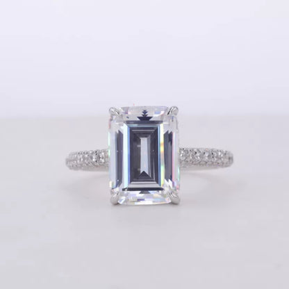 Emerald Cut Solitaire Moissanite Hidden Halo & Round Side Ring
