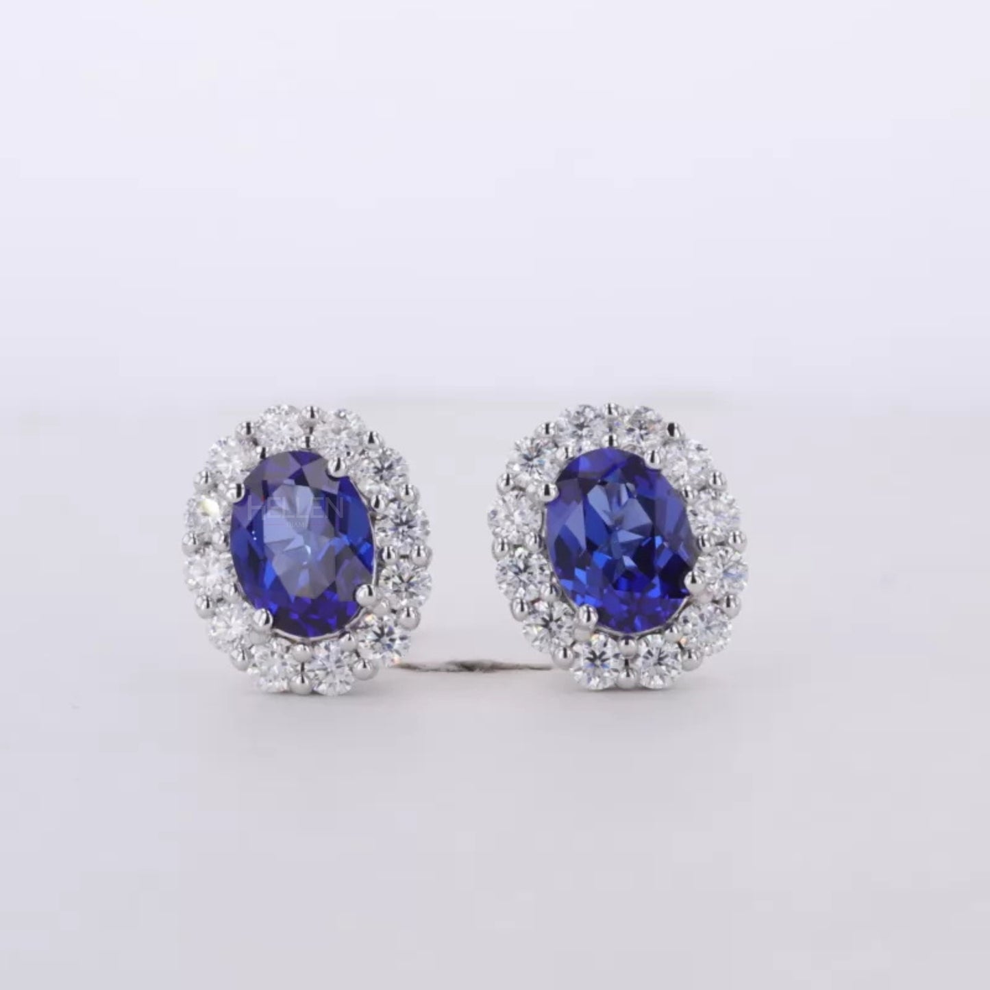Blue Sapphire Oval Cut Gemstone With Round Cut Halo Studs Earring