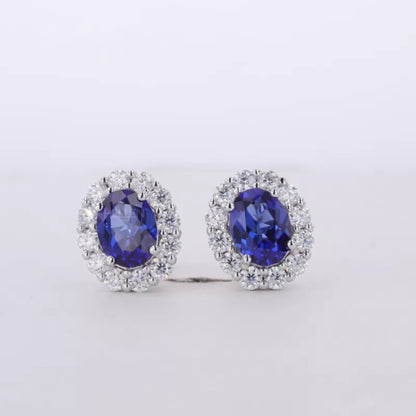 Blue Sapphire Oval Cut Gemstone With Round Cut Halo Studs Earring