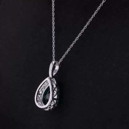 Bridesmaid Pear Cut Green Emerald And Moissanite Halo Necklace