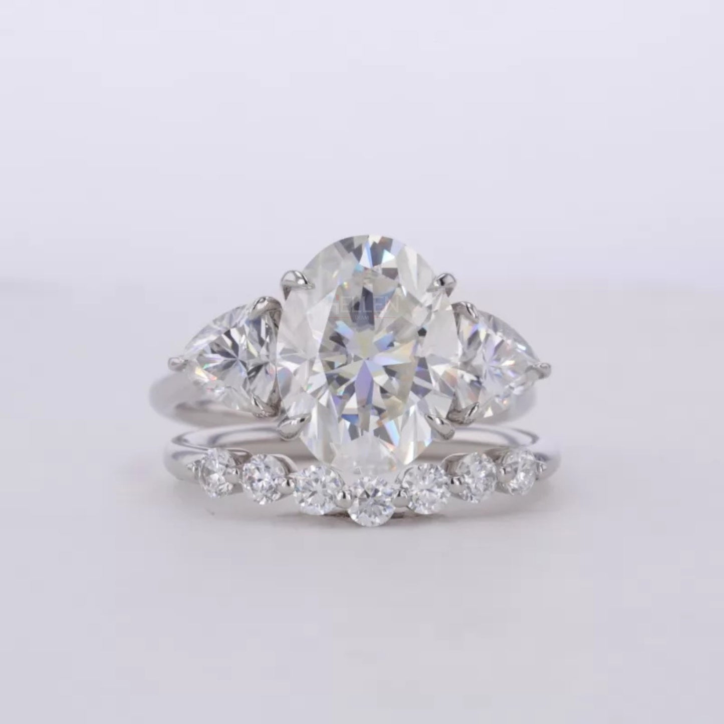 Three Stone Oval Cut Moissanite Bridal Ring Set