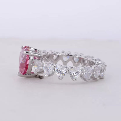 Pink Sapphire Heart Cut Solitaire & Moissanite Heart Shank Ring