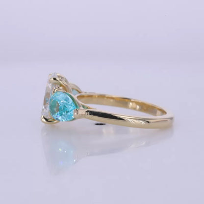 Aquamarine Pear & Oval Cut Moissanite 3 Stone Engagement Ring