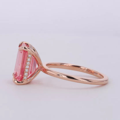 Pink Emerald Cut Gemstone Semi-Precious Halo Ring