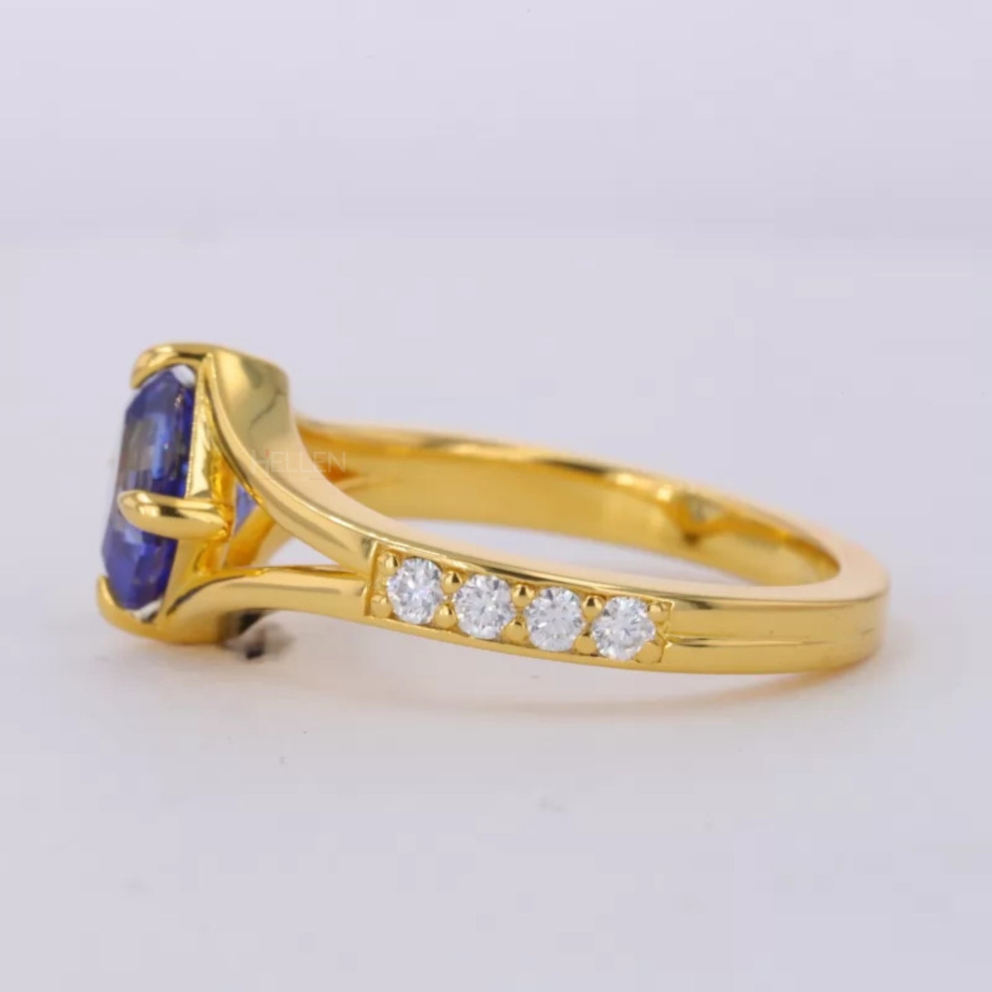 Princess Cut Blue Sapphire & Moissanite Pave Solitaire Ring