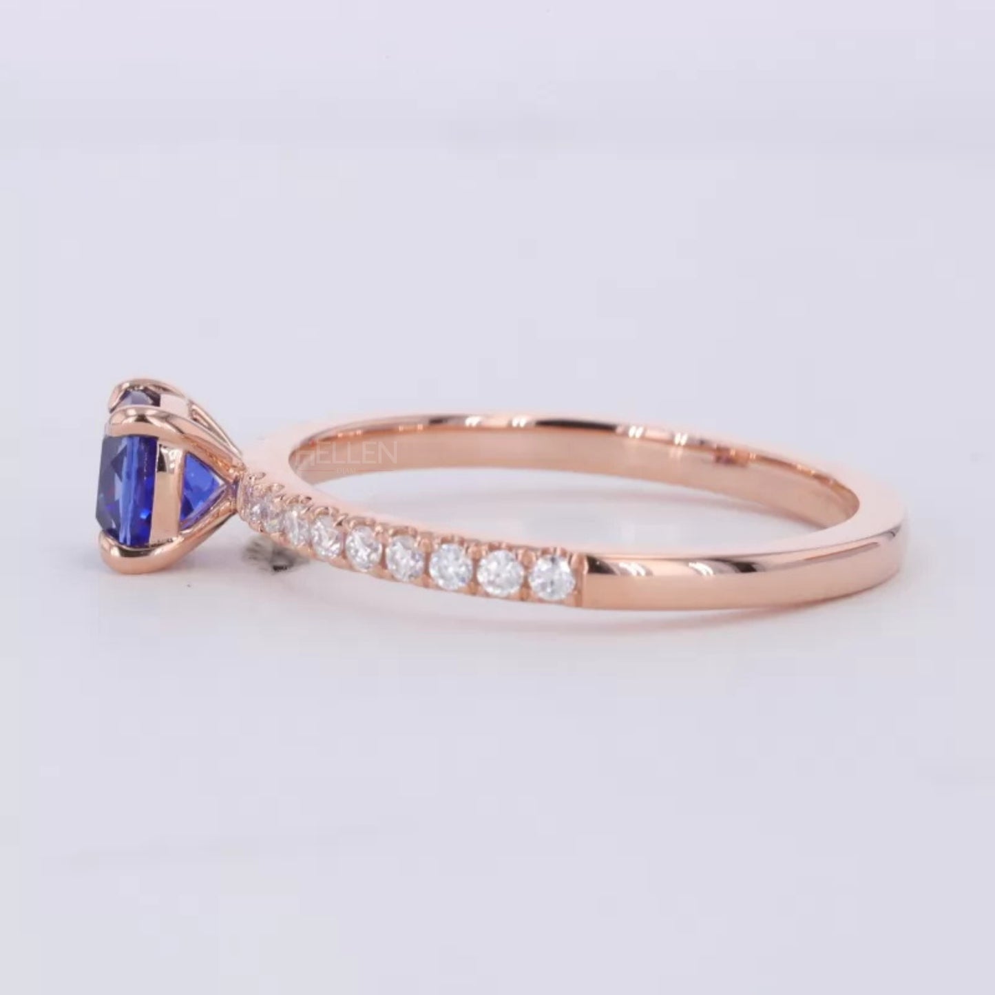 Cushion Cut Blue Sapphire Solitaire & Round Moissanite Ring