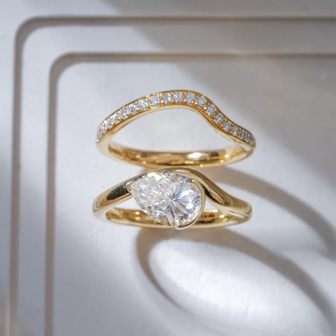 Pear Solitaire & Round Cut Moissanite Stackable Bridal Ring Set