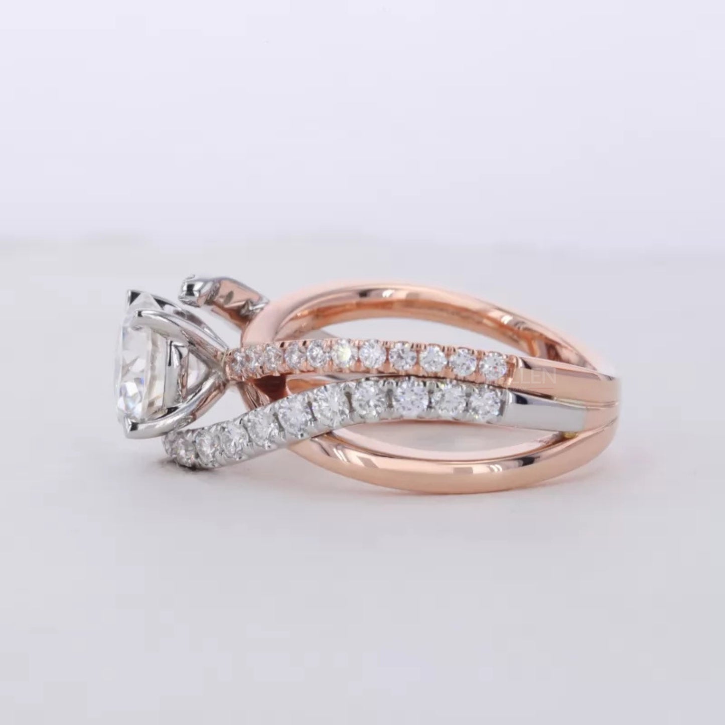 Round Cut Moissanite Solitaire Ring with Diamonds on Split Shank