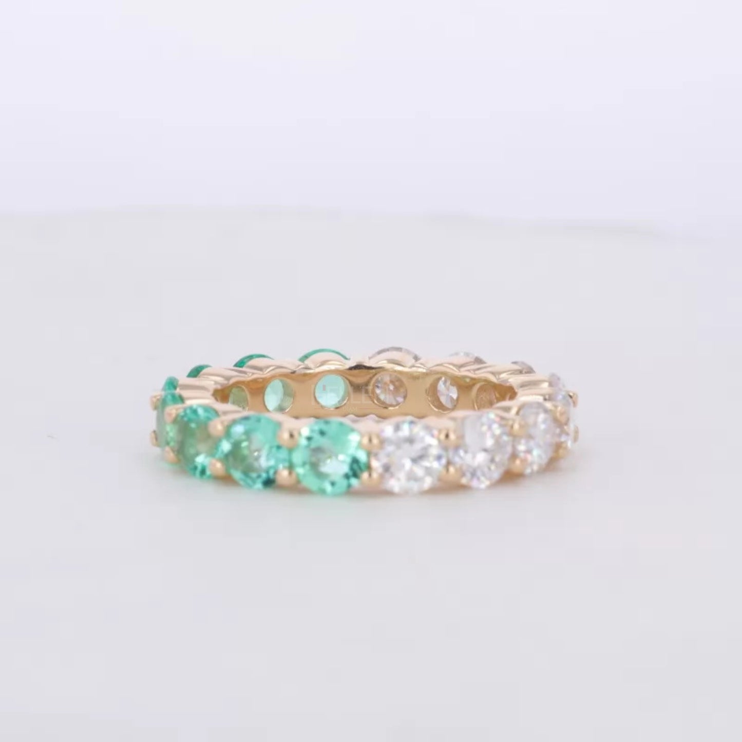 Half Green Gemstone & Moissanite Round Cut 2-in-1 Wedding Band