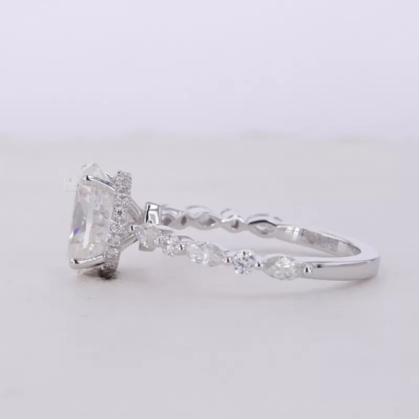 Oval Cut Solitaire with Marquise & Round Moissanite Hidden Halo Ring