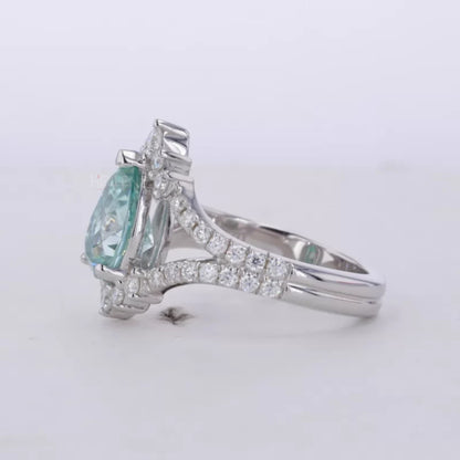 Blue-Green Pear & Round Moissanite Split Shank Engagement Ring