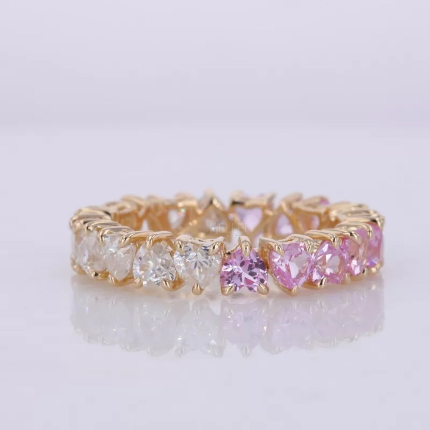 Half Pink Gemstone & Moissanite Heart Cut Wedding Band