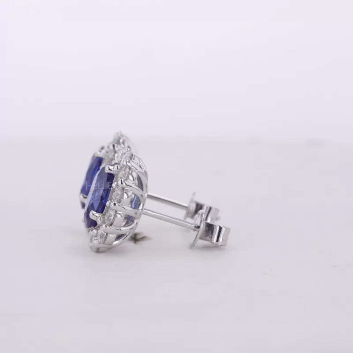 Blue Sapphire Oval Cut Gemstone With Round Cut Halo Studs Earring