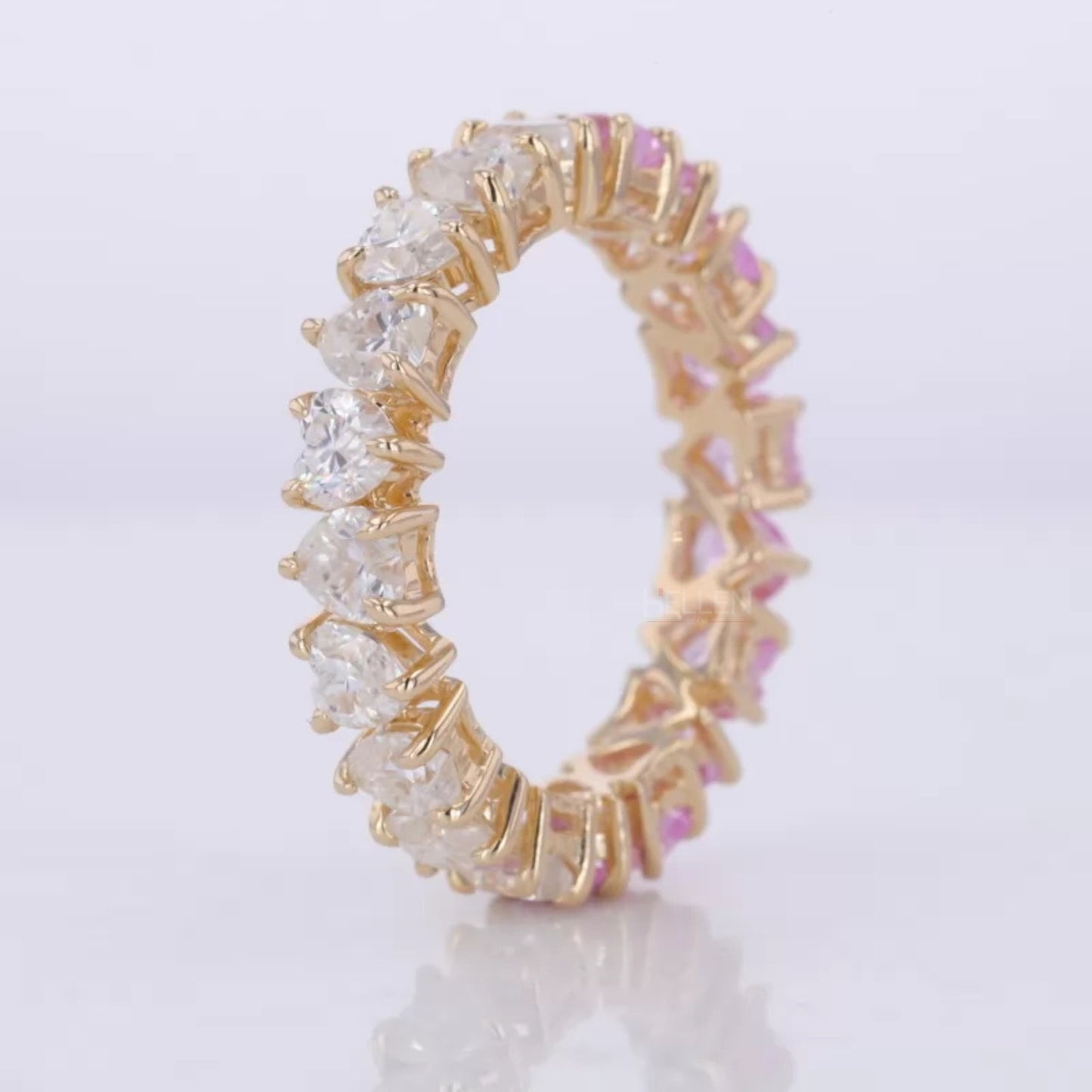 Half Pink Gemstone & Moissanite Heart Cut Wedding Band