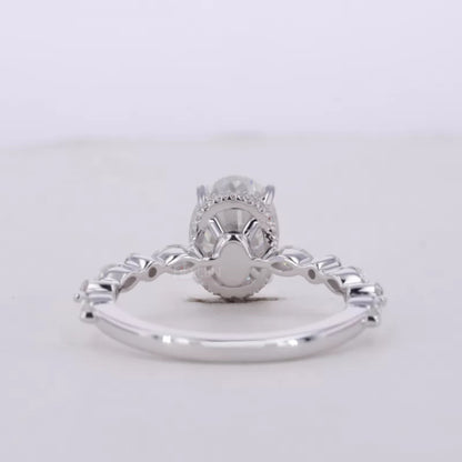 Oval Cut Solitaire with Marquise & Round Moissanite Hidden Halo Ring