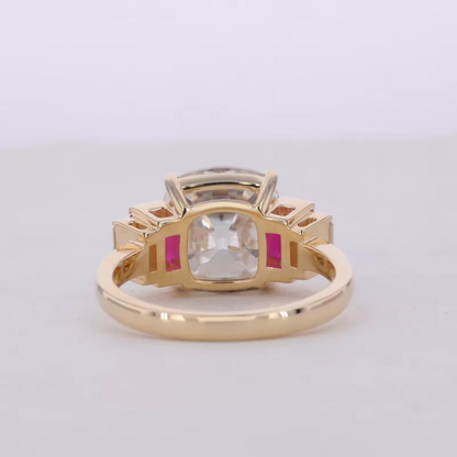 Cushion Old European Cut with Emerald & Ruby Side Stone Ring
