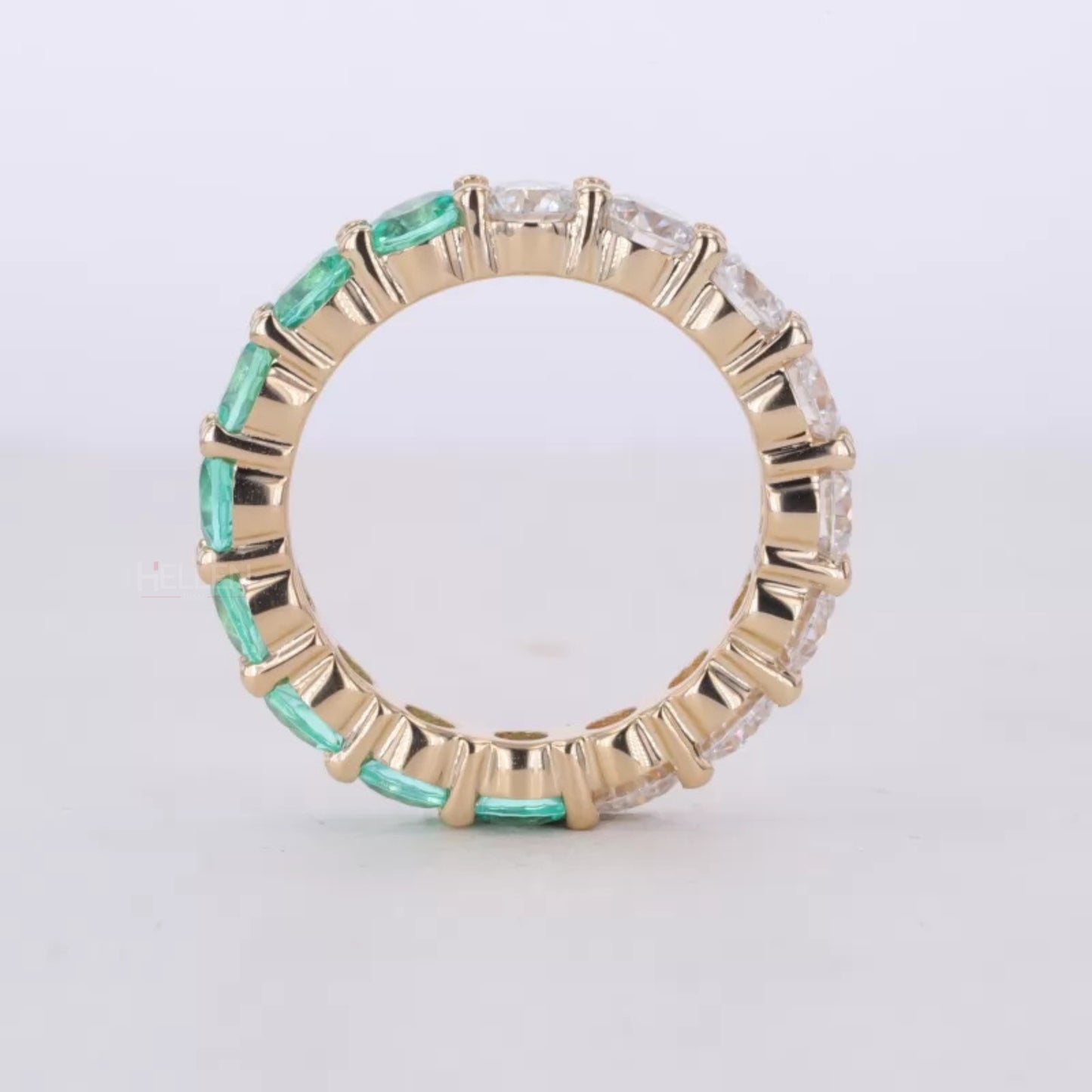 Half Green Gemstone & Moissanite Round Cut 2-in-1 Wedding Band