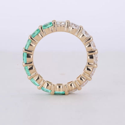 Half Green Gemstone & Moissanite Round Cut 2-in-1 Wedding Band