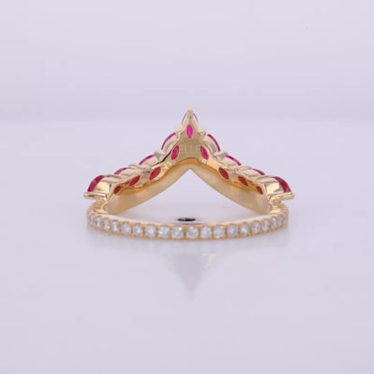 Red/Ruby Gemstone and Moissanite V-Shaped Ring – Eye-Catching