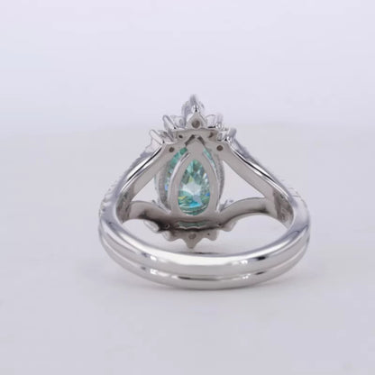 Blue-Green Pear & Round Moissanite Split Shank Engagement Ring