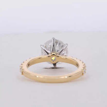 Round Cut Solitaire Moissanite 2-Tone Ring with Diamonds on Shank