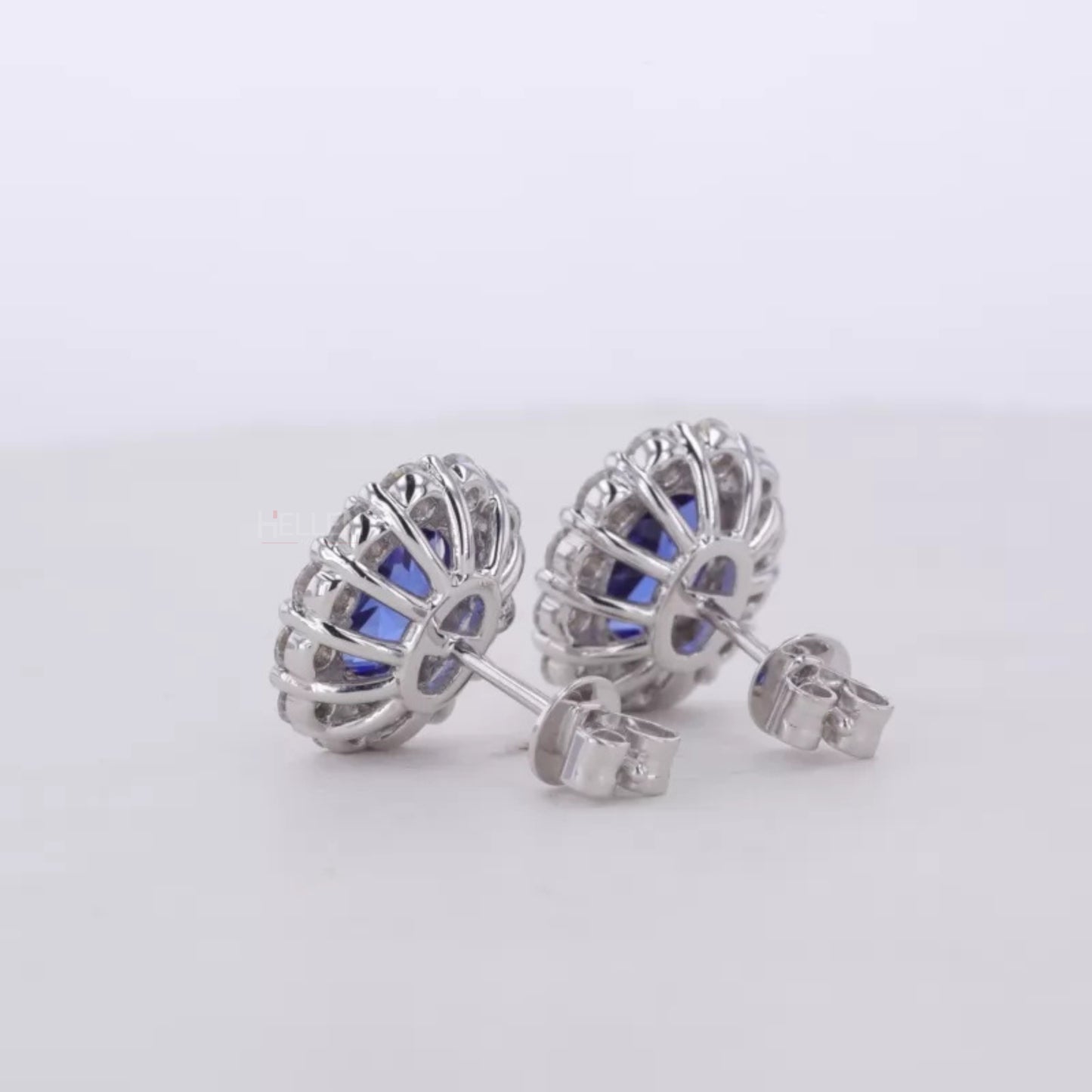 Blue Sapphire Oval Cut Gemstone With Round Cut Halo Studs Earring