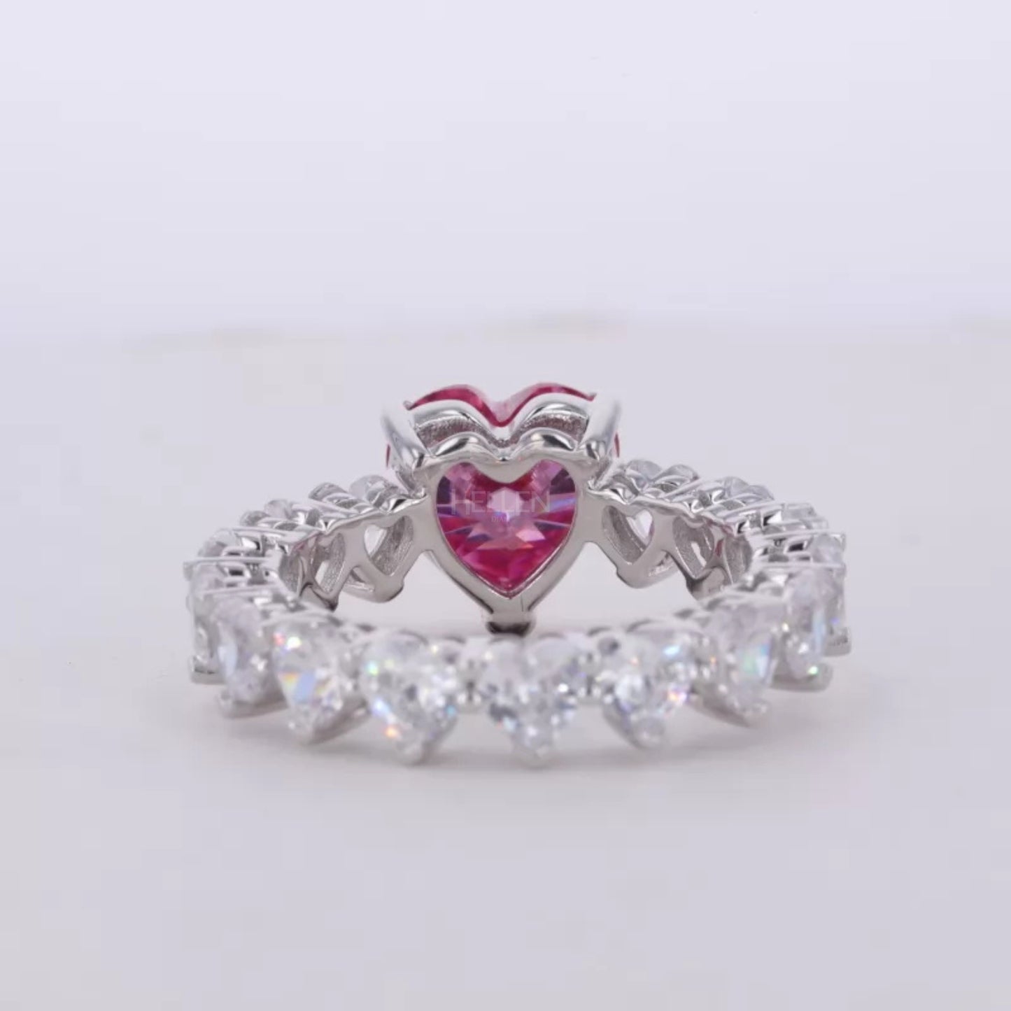 Pink Sapphire Heart Cut Solitaire & Moissanite Heart Shank Ring