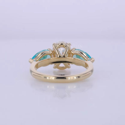 Aquamarine Pear & Oval Cut Moissanite 3 Stone Engagement Ring