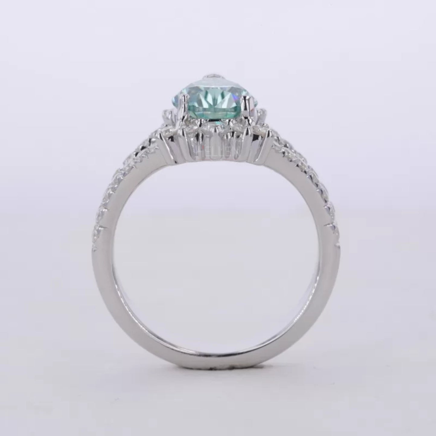 Blue-Green Pear & Round Moissanite Split Shank Engagement Ring