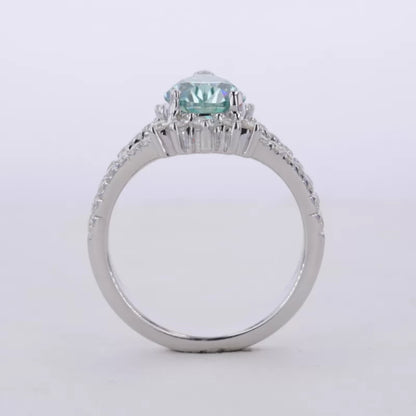 Blue-Green Pear & Round Moissanite Split Shank Engagement Ring
