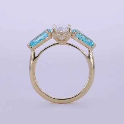 Aquamarine Pear & Oval Cut Moissanite 3 Stone Engagement Ring