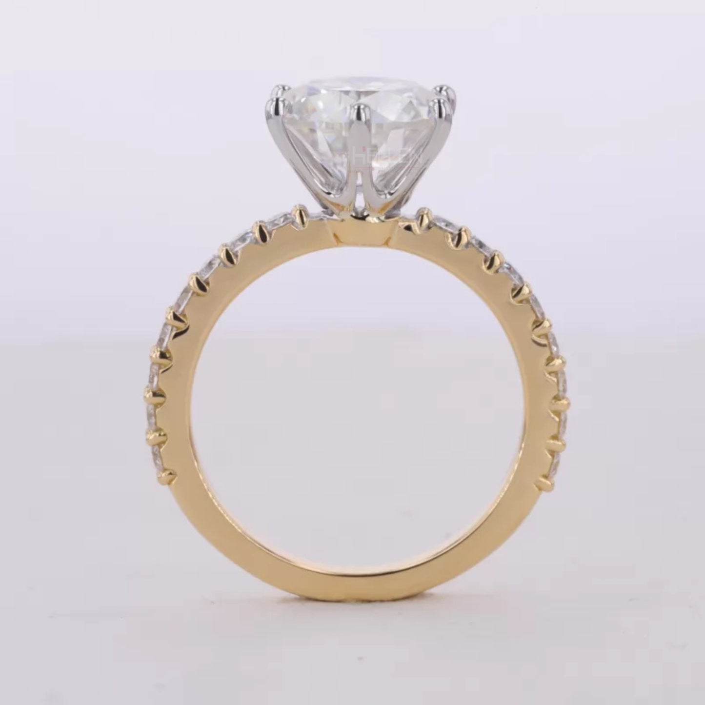 Round Cut Solitaire Moissanite 2-Tone Ring with Diamonds on Shank