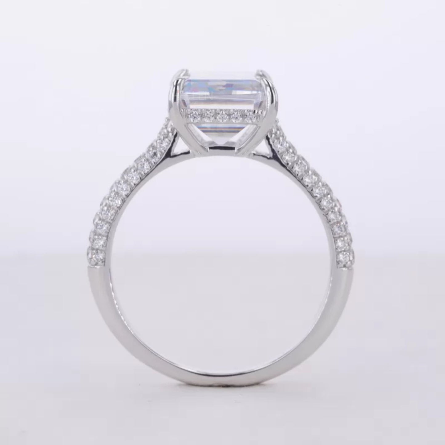 Emerald Cut Solitaire Moissanite Hidden Halo & Round Side Ring