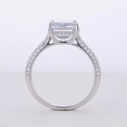 Emerald Cut Solitaire Moissanite Hidden Halo & Round Side Ring