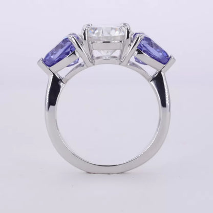 Round and Blue Heart Cut Moissanite Engagement Ring